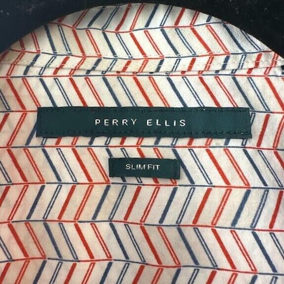 Perry Ellis Shirt Mens Red White Blue Zigzag Slim Fit Button Up Short Sleeve - Picture 3 of 6